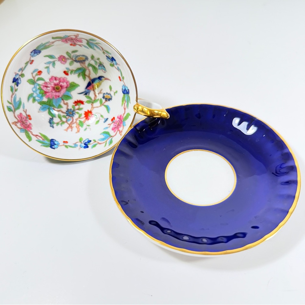 Aynsley Pembroke Cobalt Blue‎ Tea Cup & Saucer Gold Trim Flowers Fine Bone China